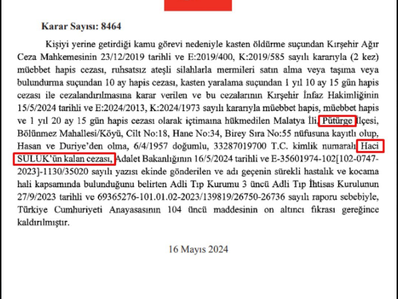 AKP PÜTÜRGE BELEDİYE BAŞKANI MİKAİL SÜLÜK’ÜN CİNAYET İŞLEYEN BABASI ERDOĞAN TARAFINDAN AFFEDİLDİ!